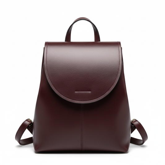 Dark burgundy brown leather backpack front view