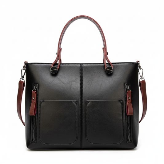 Black leather bag with brown trim