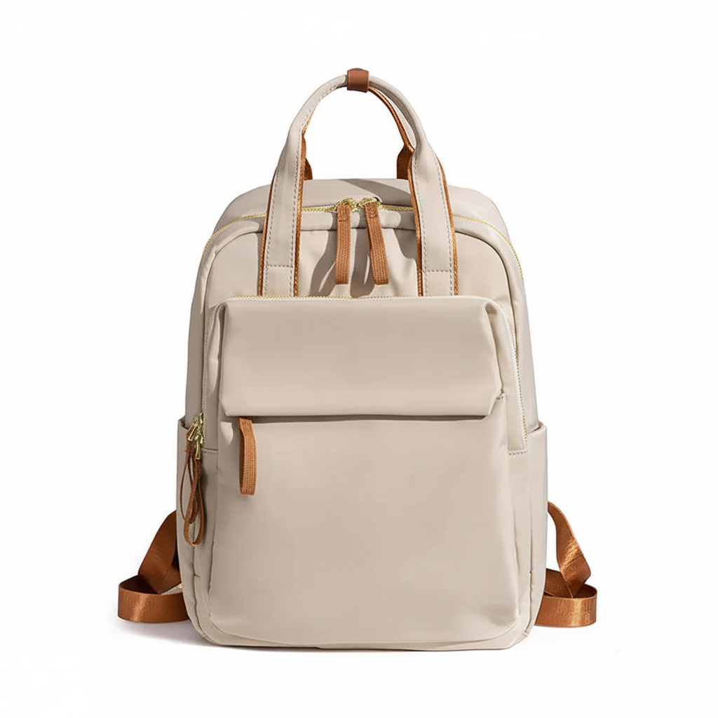 Cream beige backpack with brown accents