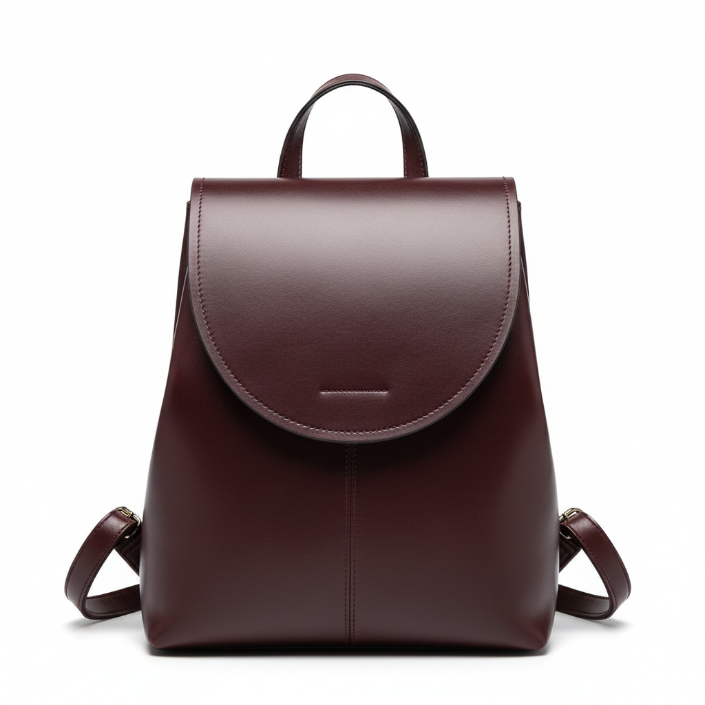 Dark burgundy brown leather backpack front view