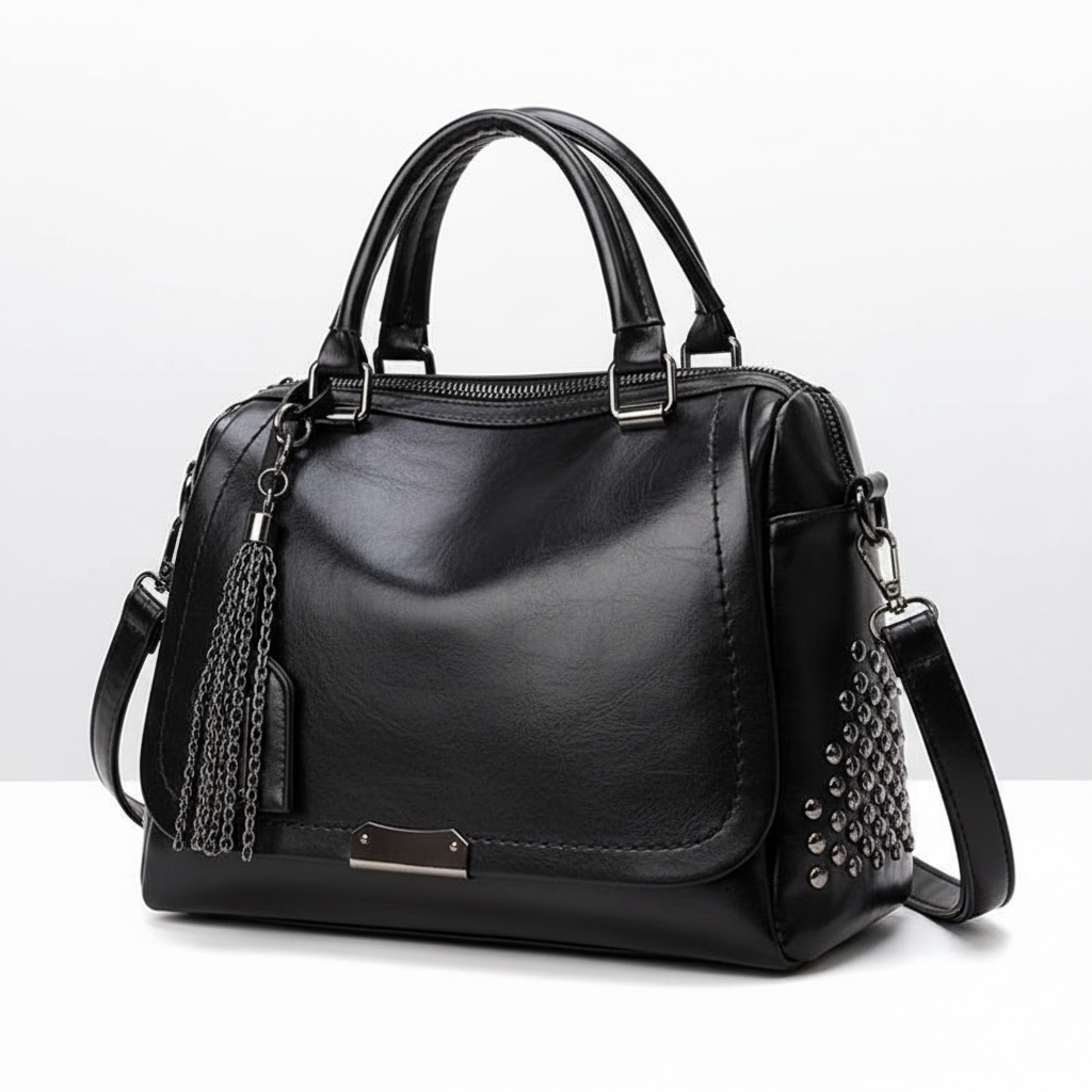 Black leather bag with chain tassel
